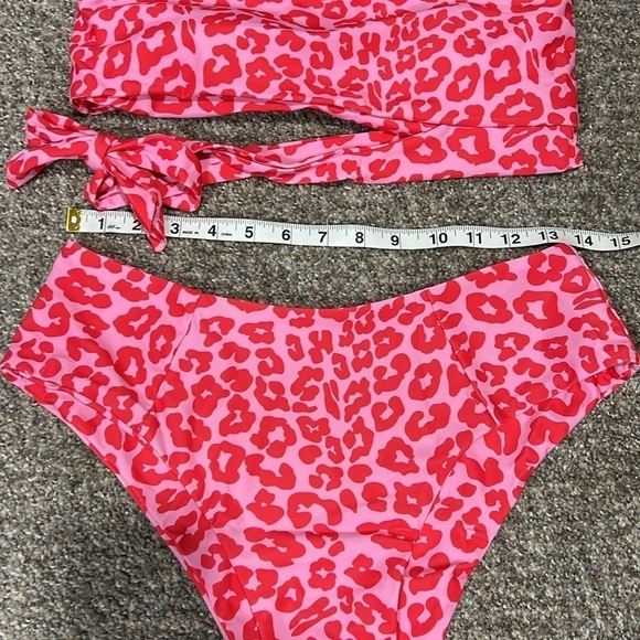 Pink Leopard One Shoulder High Waisted Bikini Tie High Cut Two Piece Swimsuits L - Picture 9 of 12